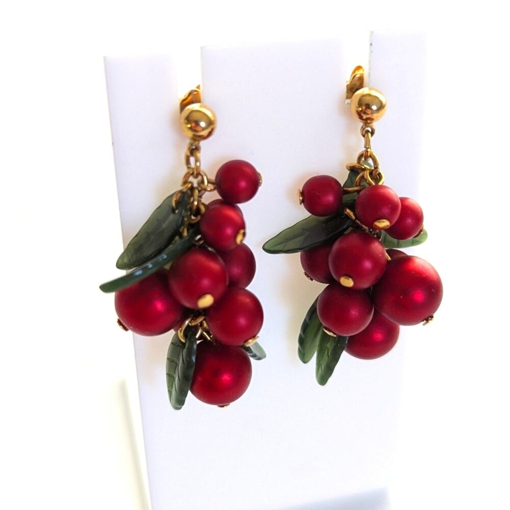 Vintage Holly Berry Fruit Bunch ChaCha Dangle Holiday Christmas Stud Earrings
